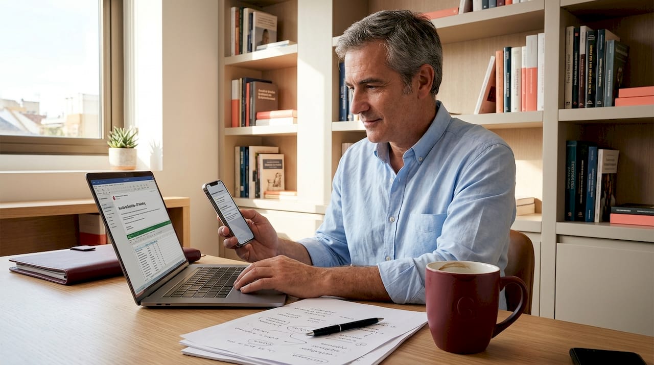 Un hombre revisa información digital mientras trabaja en su oficina.