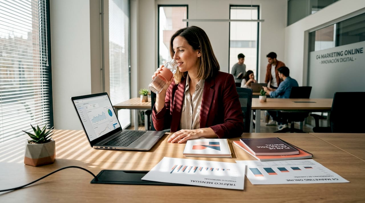 Una mujer analiza datos de marketing sentada en su escritorio, rodeada del ajetreo típico de una oficina.