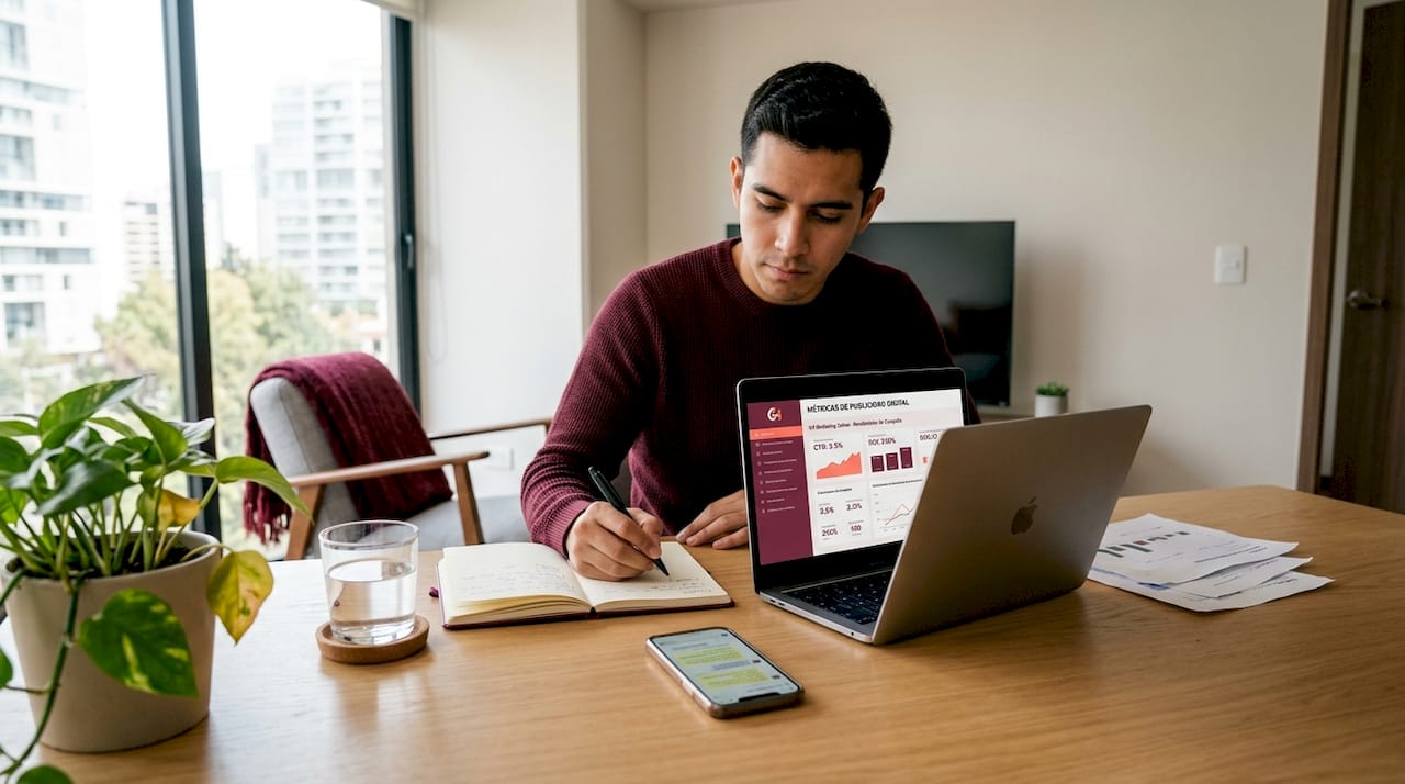Propietario de una pequeña empresa analizando los resultados de sus campañas publicitarias en internet