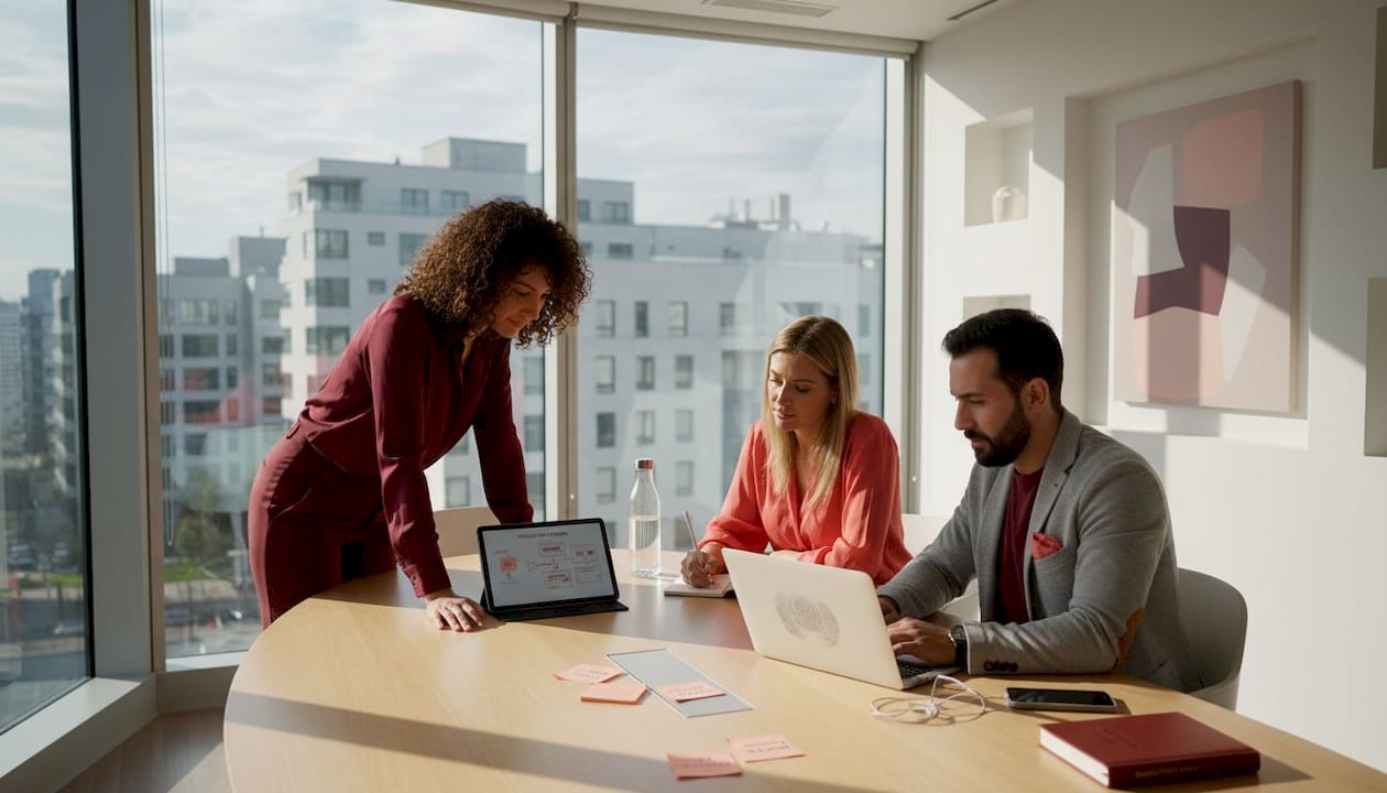 Un equipo trabaja en la planificación de una campaña de marketing en una oficina luminosa.