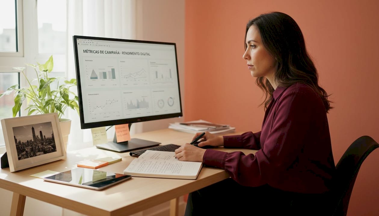 Ejecutiva analizando las métricas de sus campañas de Google Ads en la oficina.