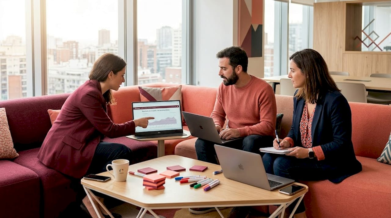 El equipo de marketing trabajando en conjunto en una oficina luminosa y moderna.