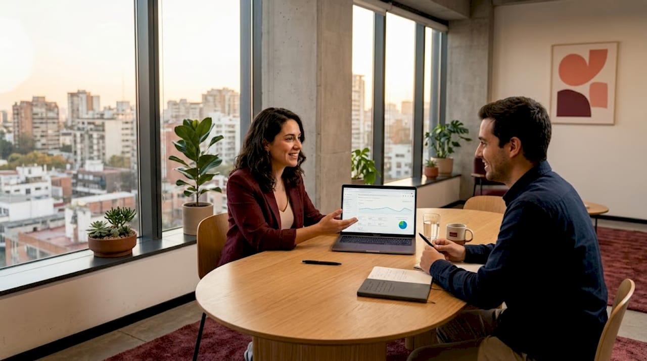 Directores reunidos en la oficina debatiendo estrategias de marketing digital.