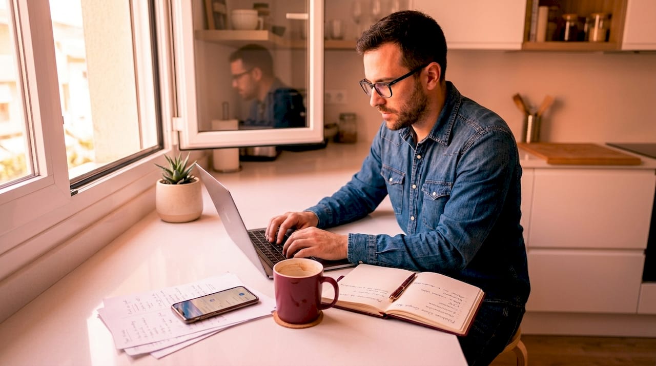 Hombre preparando su estrategia de Google Ads mientras trabaja en la encimera de la cocina.