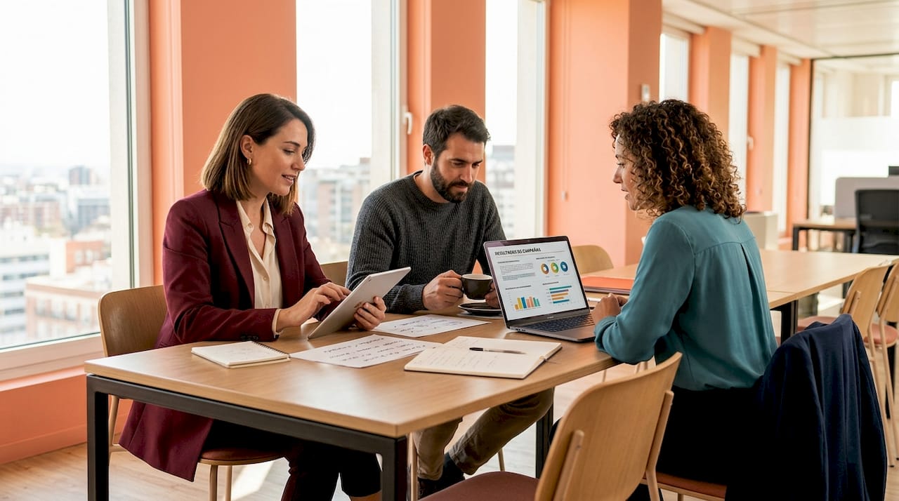 El equipo de marketing trabajando en conjunto durante una reunión en la oficina.