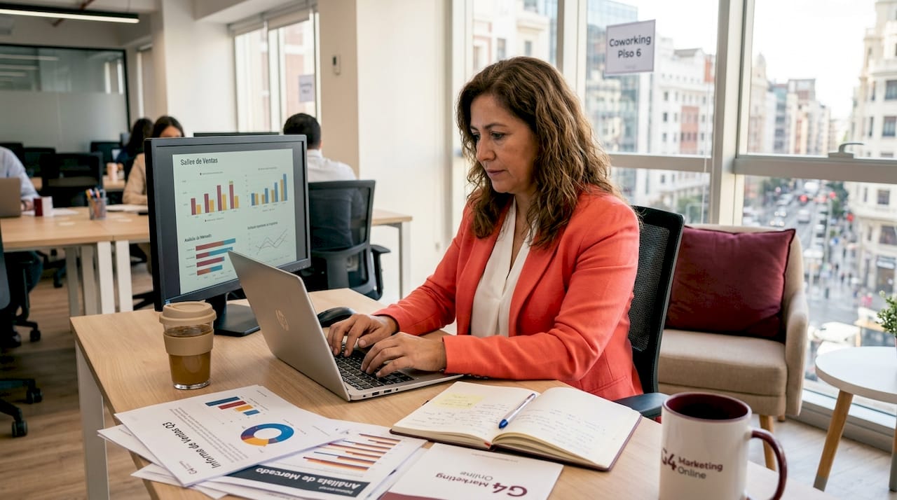 Mujer de negocios trabajando en una oficina moderna y luminosa