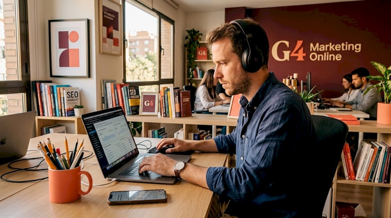 Especialista SEO trabajando con su portátil en un espacio de coworking