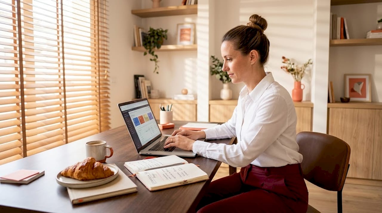Mujer revisando su lista de tareas de marketing digital desde casa