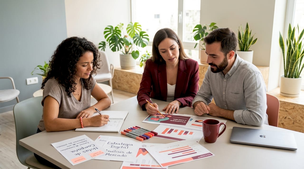 El equipo de marketing analiza los detalles de la campaña reunido alrededor de la mesa de trabajo en la oficina.
