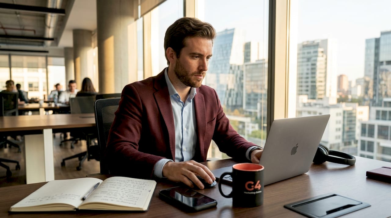 Profesional optimizando el posicionamiento web desde su portátil en la oficina