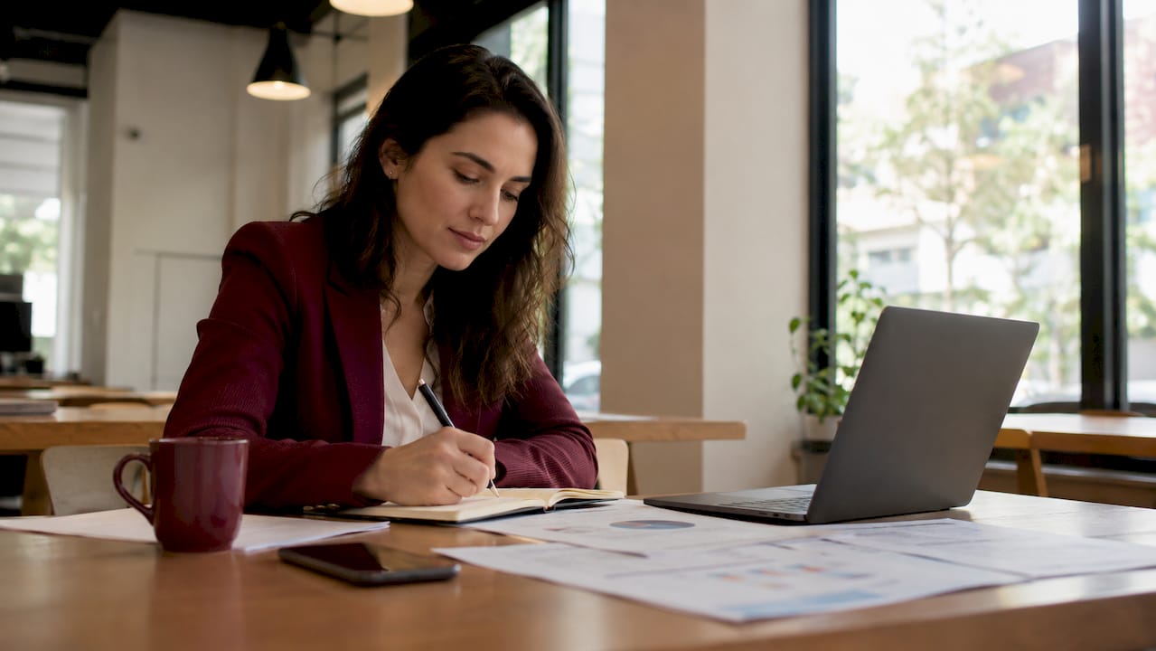 Una mujer anotando ideas en su cuaderno mientras trabaja en una oficina llena de luz natural.