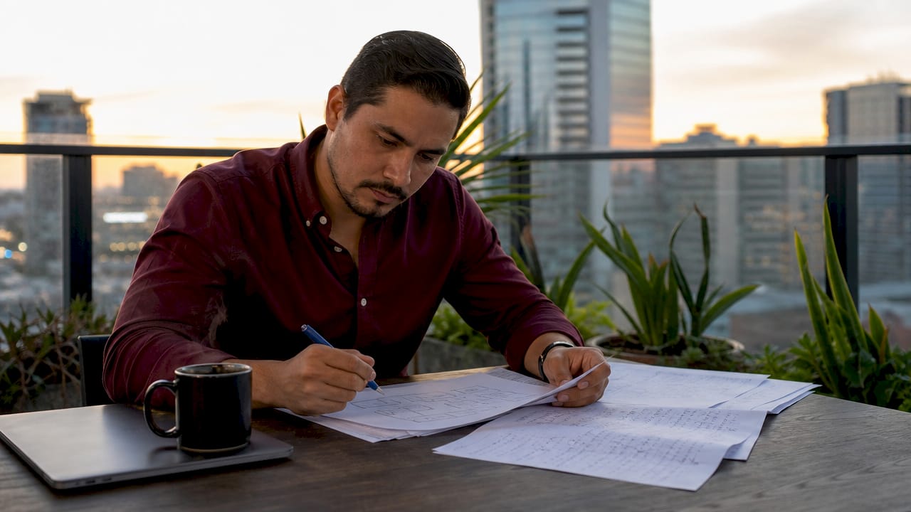 Profesional analizando diagramas de procesos en su puesto de trabajo