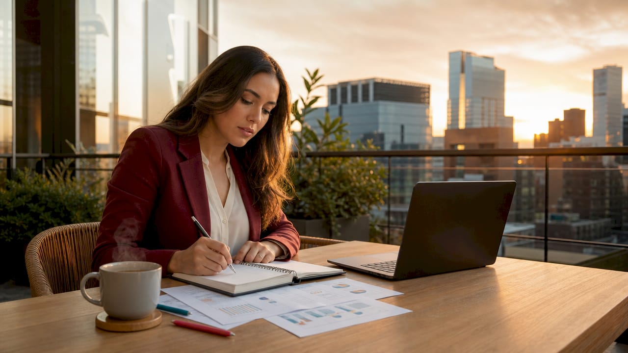 Una mujer emprendedora diseñando la estrategia para potenciar su presencia online.